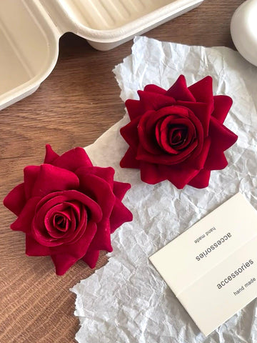 U1【Valentine's Day Gifts】Red Rose Duckbill Hair Clip Set Small and Large Design | Musebree - Musebree