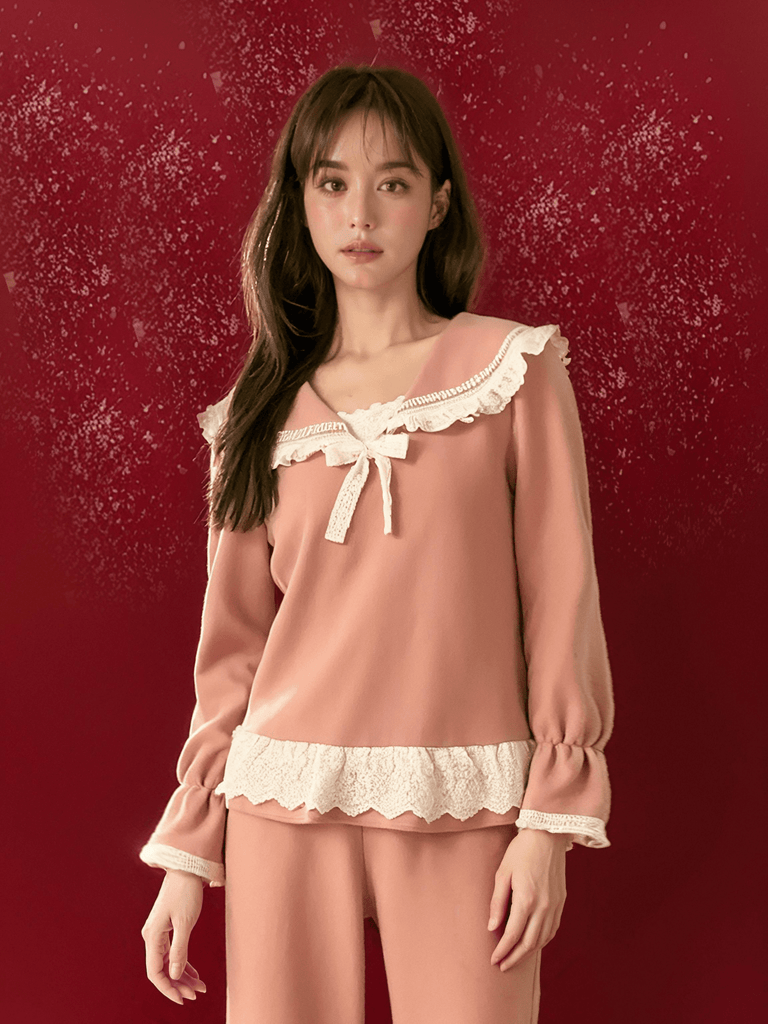 Z Soft Grain Velvet Warm Pink Loungewear Cute Embroidered Lace Doll Collar | Musebree - Musebree