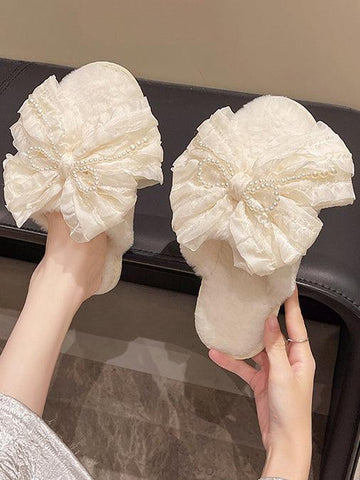 U【Valentine's Day】Elegant Princess Style White Butterfly Knot Fabric Slippers with Pearl Decorations | Musebree - Musebree