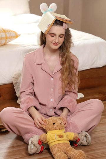 Z Korean Girl Style Cute Pink Lapel Warm Pajama Set | Musebree - Musebree