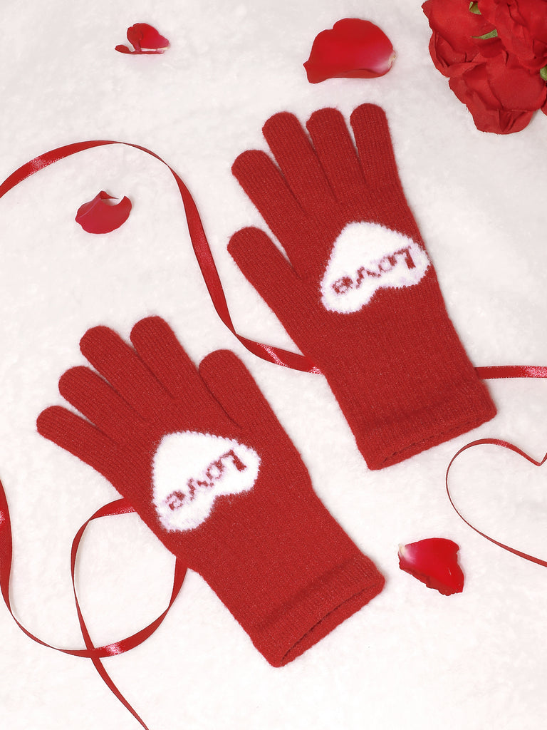 【Valentine's Day】Red Heart Jacquard Winter Plush Warm Gloves with Touchscreen Design | Musebree