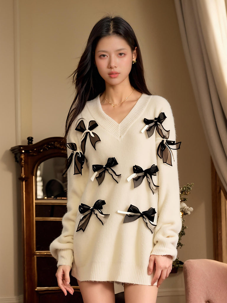 Z Loungewear French Sweet Handmade Bow Off-white Sweater Warm and Comfortable | Musebree - Musebree