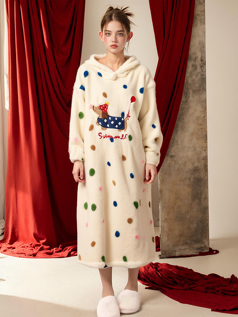 Autumn Winter Cartoon Polka Dot Half Velvet Hooded Nightdress Dachshund Print Cozy and Cute | Musebree