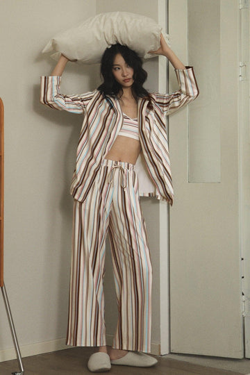 Y 3-Piece Brown Striped Elegant Home Fashion Pajama Set | Musebree - Musebree