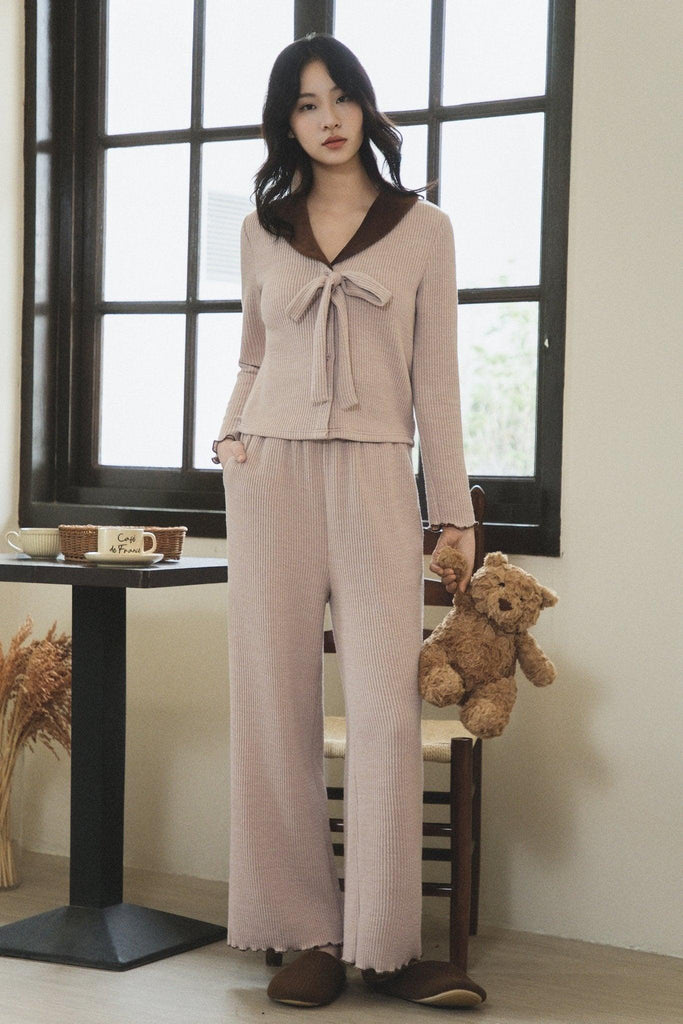 Y Three Piece Lapel Skinny Bowknot Design Sweet Elegant Knitted Warm Loungewear Set | Musebree - Musebree