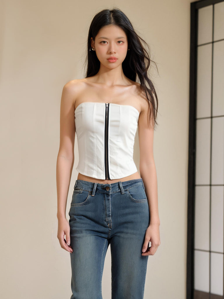 Sexy Slimming Zippered Corset Top for Parties and Everyday Wear, White Strapless Bustier | Musebree