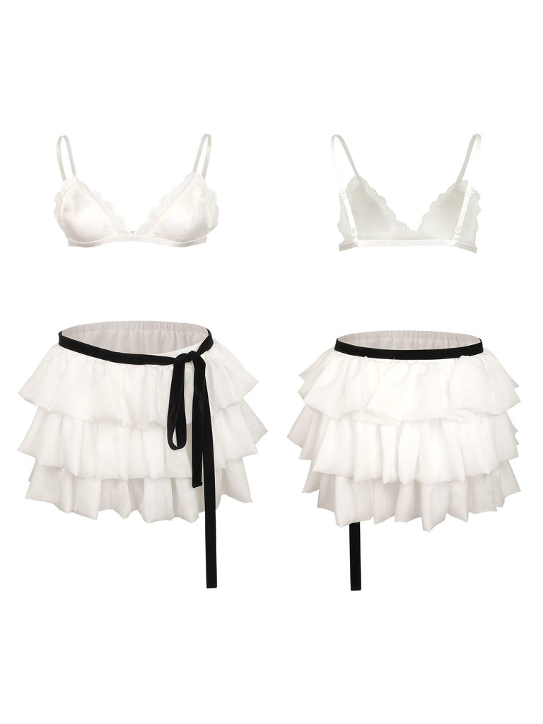 U【Valentine's Day】Sexy White Lace Lingerie Set with Semi-Sheer Cake Skirt | Musebree - Musebree