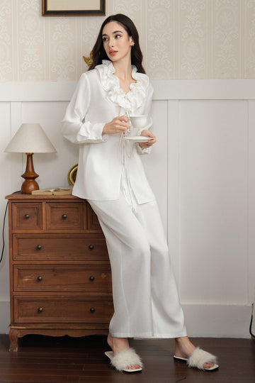 Z Simple Premium White Ruffle Neck Ruffled Loungewear Set Can Be Worn Out | Musebree - Musebree