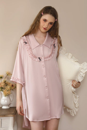 Z Korean Girl Pink Ruffled Bow Cute Nightdress | Musebree - Musebree