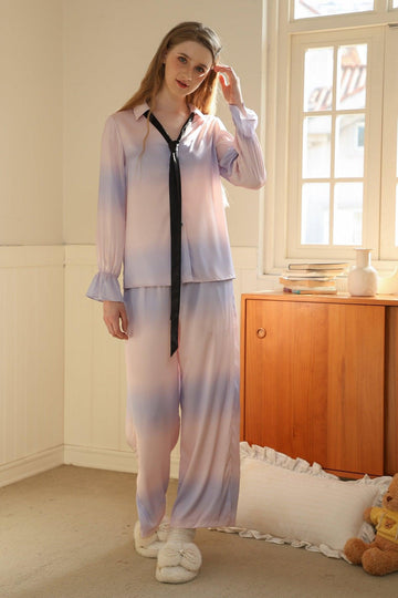 Z Gradient Tie-Dye V-Neck Loungewear Set with Bow Tie | Musebree - Musebree