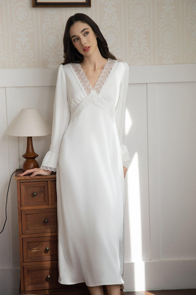 A Premium Simple White V-Neck Lace Embellished Nightdress | Musebree - Musebree