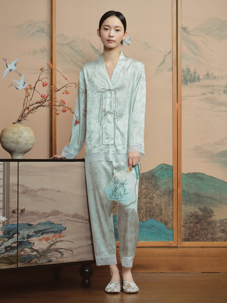 Elegant Jacquard Satin Loungewear Set with Pleated Sleeves and Knot Detail for Luxurious Comfort | Musebree