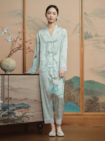 Elegant Jacquard Satin Loungewear Set with Pleated Sleeves and Knot Detail for Luxurious Comfort | Musebree