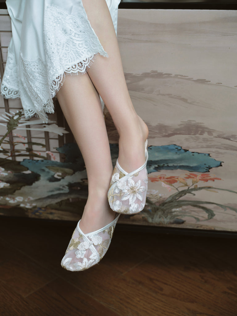 Lace Jacquard Lazy Chinese Style Printed Square Toe Hollow Flat Soft Leather Sandals