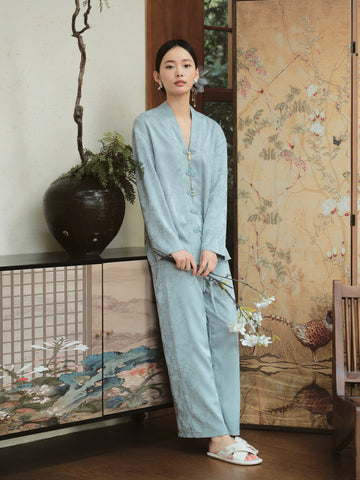 Elegant Embroidered Satin Loungewear Set with Exquisite Jade Pendant Wearable for Indoor Lounging | Musebree