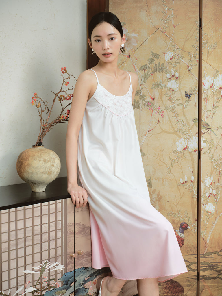 Elegant Floral Hand-Embroidered Nightdress with Traditional Gradient Dyeing for Indoor Lounging | Musebree