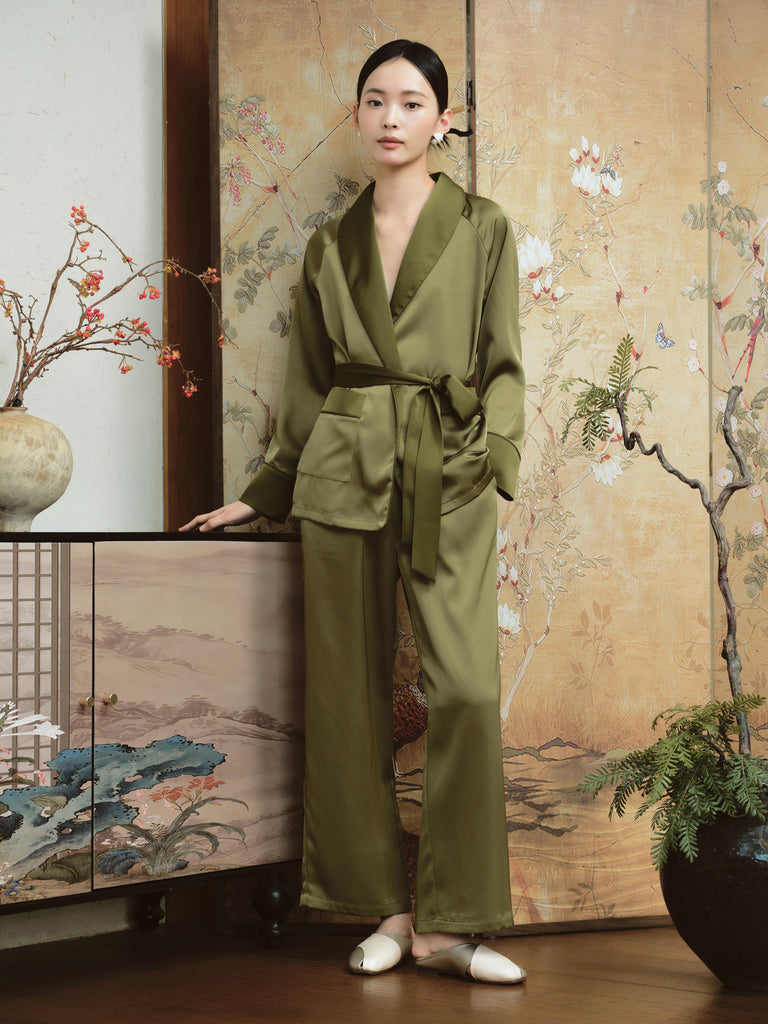 Elegant Oriental-Inspired Satin Loungewear Set with Overlap Collar Design for Indoor Lounging | Musebree