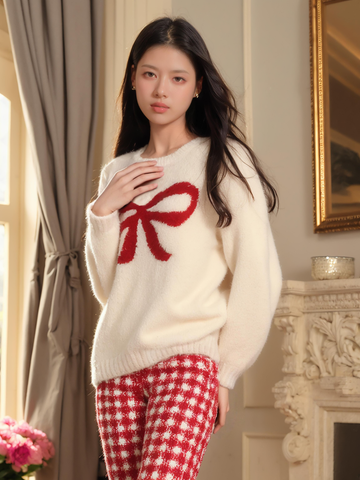 X Winter Loungewear Set Plush Bow Jacquard Top with Plaid Trousers | Musebree - Musebree