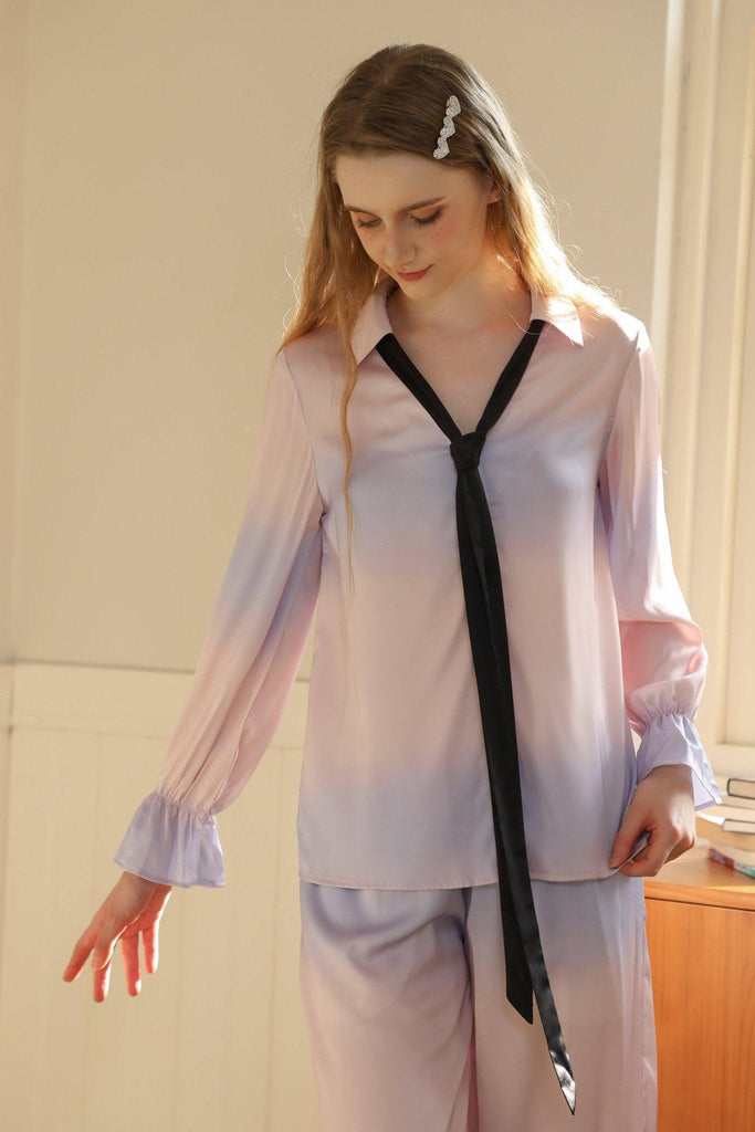 Z Gradient Tie-Dye V-Neck Loungewear Set with Bow Tie | Musebree - Musebree