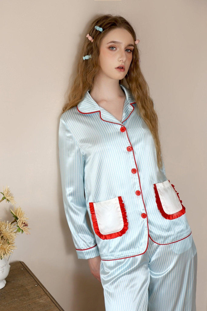 Z Youth Cute Girl Style Casual Blue Striped Pajama Set | Musebree - Musebree