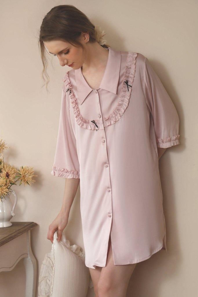 Z Korean Girl Pink Ruffled Bow Cute Nightdress | Musebree - Musebree