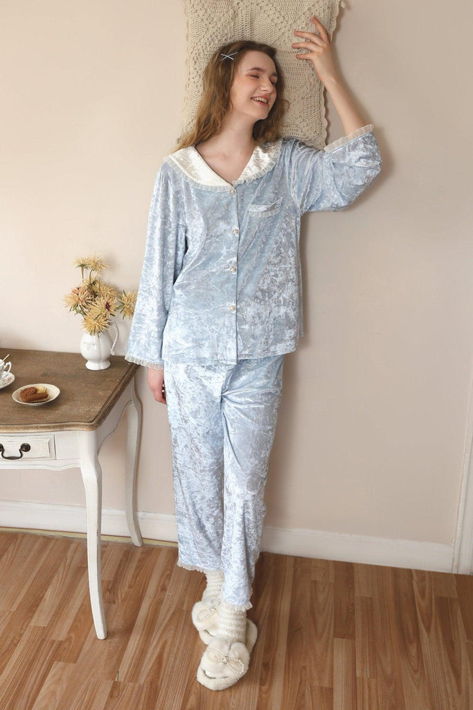 Z Korean Sweet Blue Lace Pajama Set Cute Girl Style | Musebree - Musebree