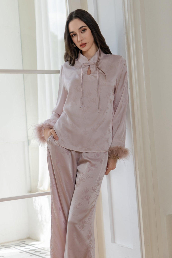 A Oriental Traditional Jacquard Elegant Classic Loungewear Set Feather Decoration | Musebree - Musebree