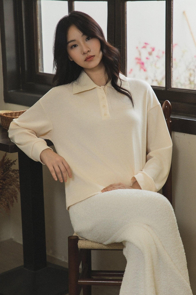 Y Polo Neck Beige Oriental Elements Casual Simple Top | Musebree - Musebree