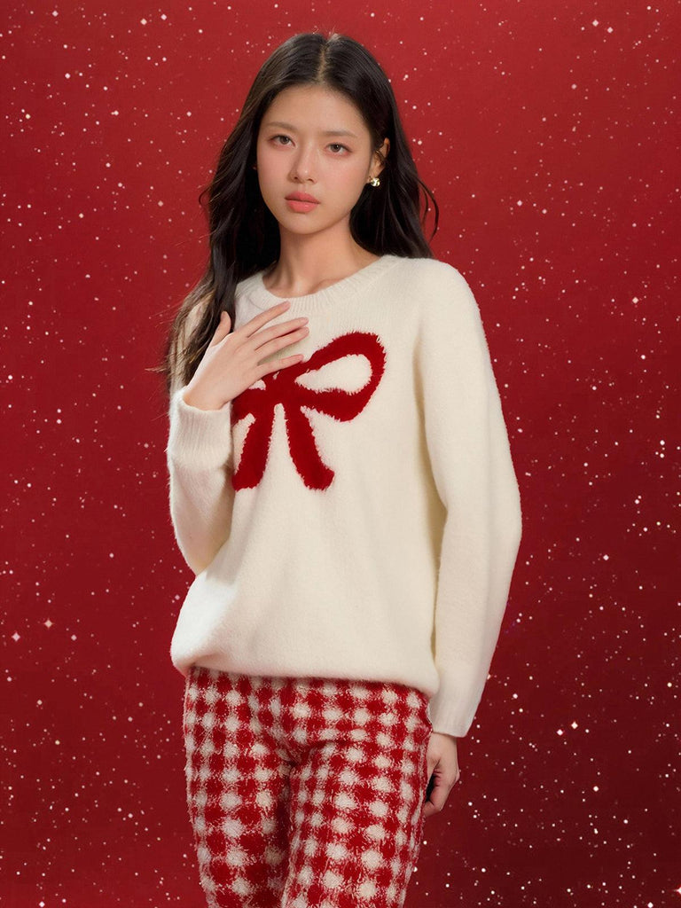 X Winter Loungewear Set Plush Bow Jacquard Top with Plaid Trousers | Musebree - Musebree