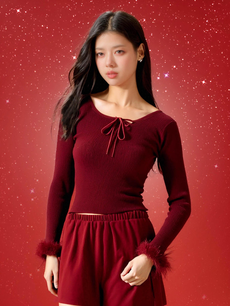 X New Year's Homewear Look Knit Top with Feather Cuffs and Sexy Bow Tie | Musebree - Musebree