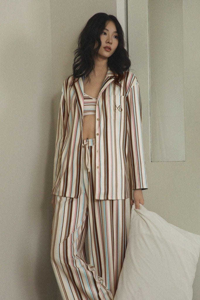 Y 3-Piece Brown Striped Elegant Home Fashion Pajama Set | Musebree - Musebree