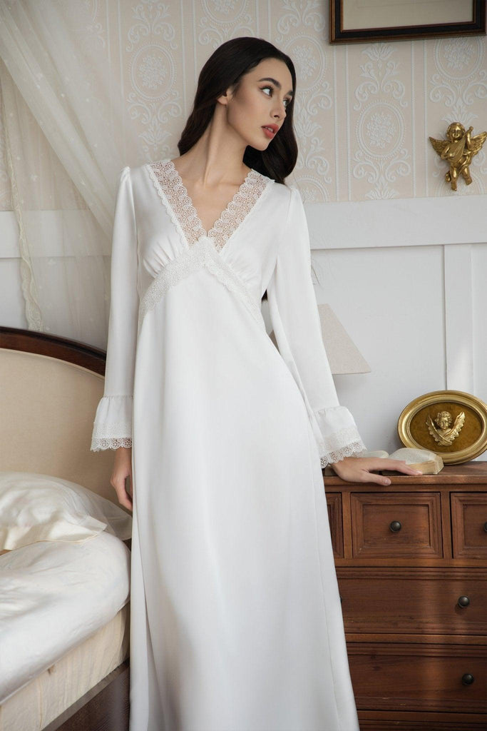 A Premium Simple White V-Neck Lace Embellished Nightdress | Musebree - Musebree