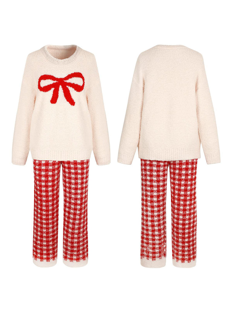 X Winter Loungewear Set Plush Bow Jacquard Top with Plaid Trousers | Musebree - Musebree