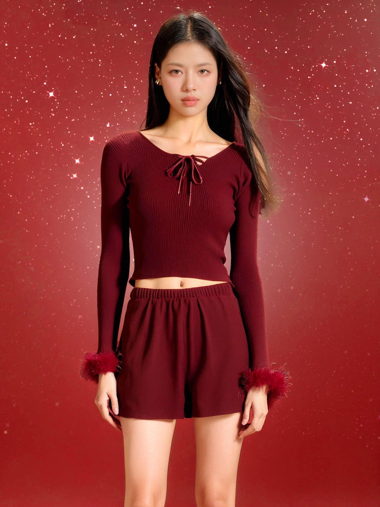 X New Year's Homewear Look Knit Top with Feather Cuffs and Sexy Bow Tie | Musebree - Musebree