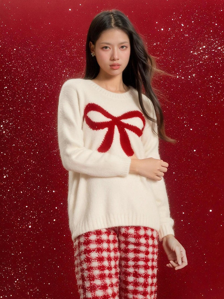 X Winter Loungewear Set Plush Bow Jacquard Top with Plaid Trousers | Musebree - Musebree