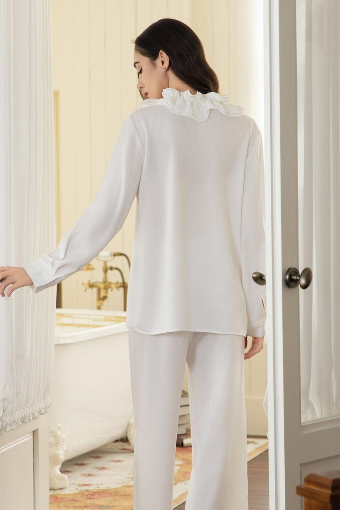 Z Simple Premium White Ruffle Neck Ruffled Loungewear Set Can Be Worn Out | Musebree - Musebree