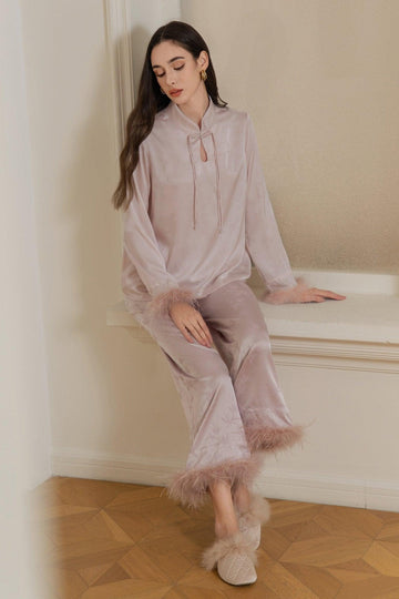 A Oriental Traditional Jacquard Elegant Classic Loungewear Set Feather Decoration | Musebree - Musebree