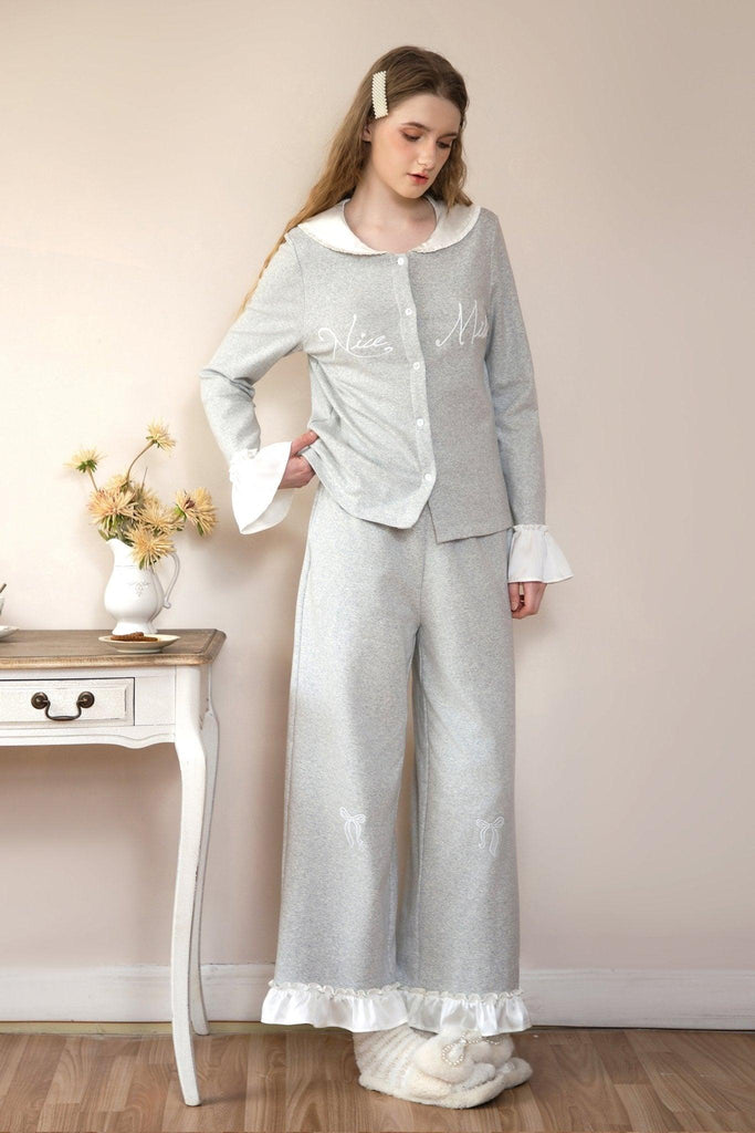 A Korean Girl Style Cotton Pajama Set With Padded Cups Cute Embroidery and Ruffle Design | Musebree - Musebree