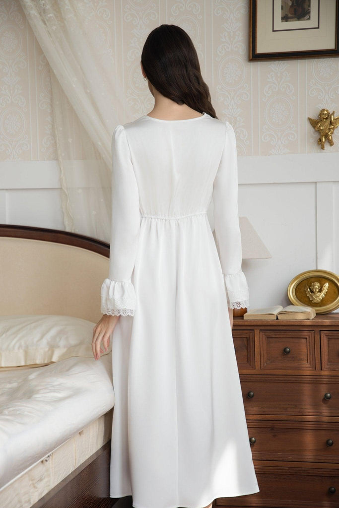 A Premium Simple White V-Neck Lace Embellished Nightdress | Musebree - Musebree