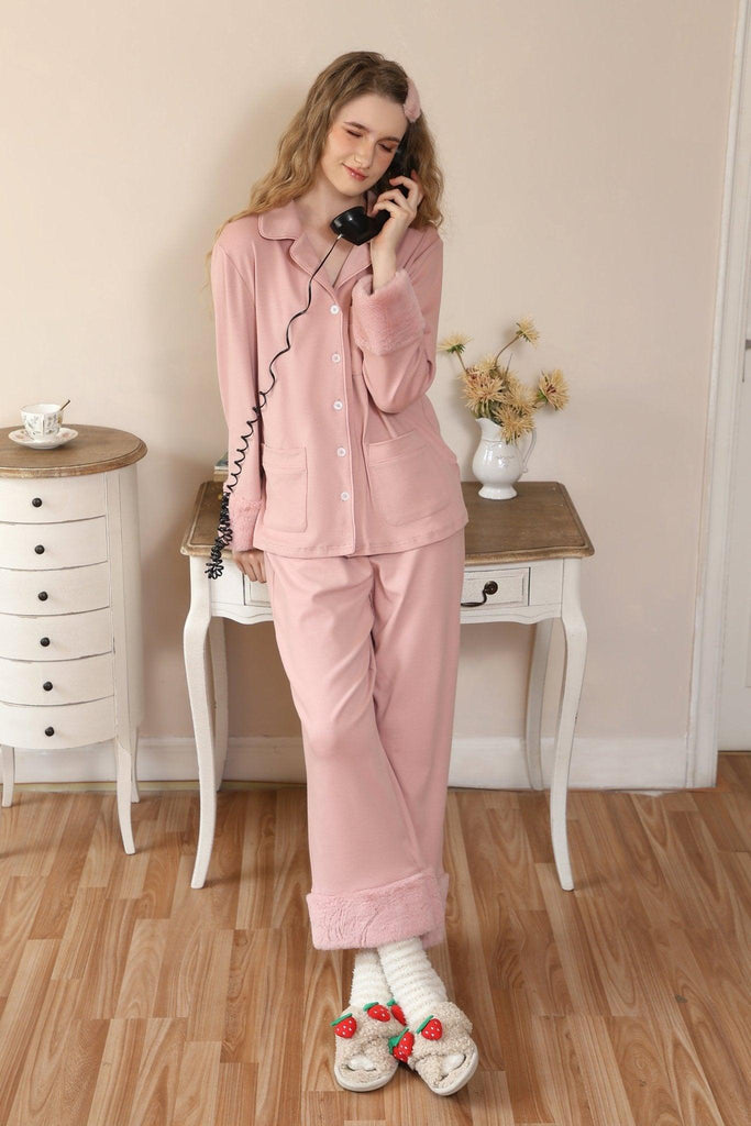 Z Korean Girl Style Cute Pink Lapel Warm Pajama Set | Musebree - Musebree