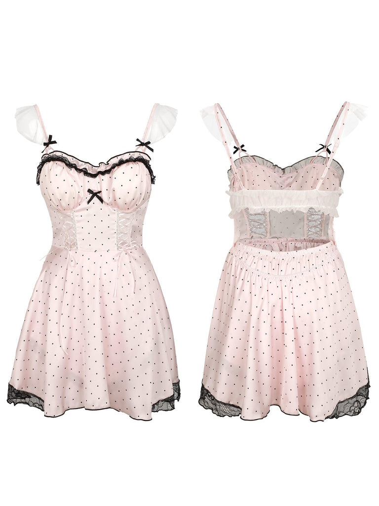 U【Valentine's Day】Sweet Dot Satin Sexy Halter Nightdress with Bust Pads & Shorts Set | Musebree - Musebree