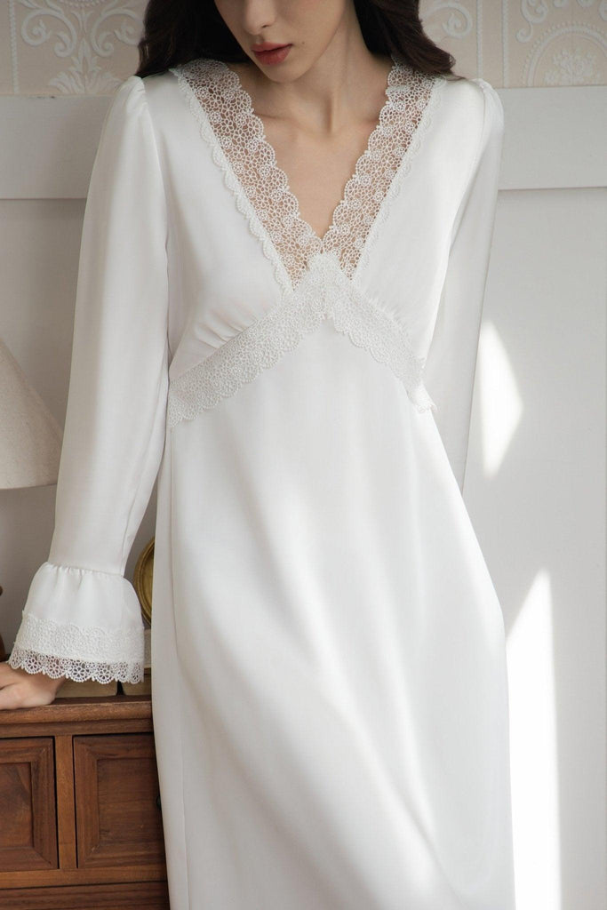 A Premium Simple White V-Neck Lace Embellished Nightdress | Musebree - Musebree