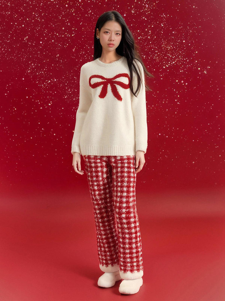 X Winter Loungewear Set Plush Bow Jacquard Top with Plaid Trousers | Musebree - Musebree