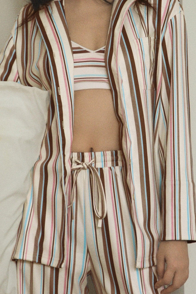 Y 3-Piece Brown Striped Elegant Home Fashion Pajama Set | Musebree - Musebree