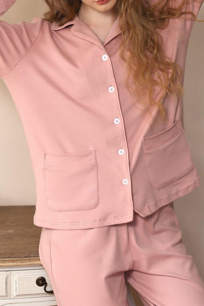 Z Korean Girl Style Cute Pink Lapel Warm Pajama Set | Musebree - Musebree