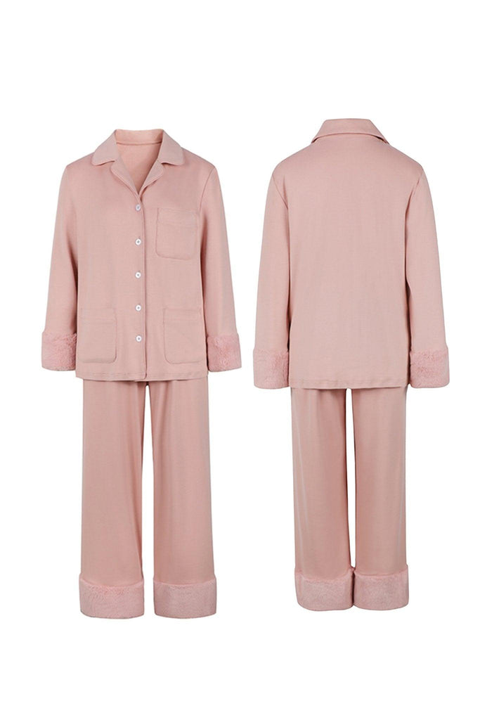 Z Korean Girl Style Cute Pink Lapel Warm Pajama Set | Musebree - Musebree