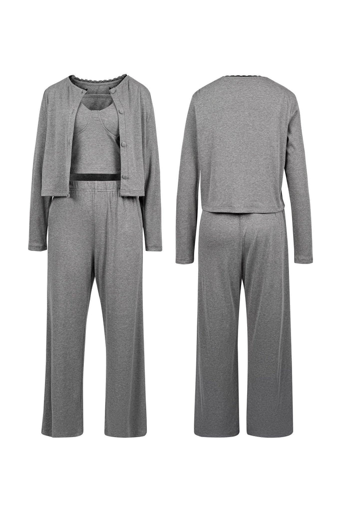 Z Simple Slim Grey Lace Trim Three-Piece Homewear | Musebree - Musebree