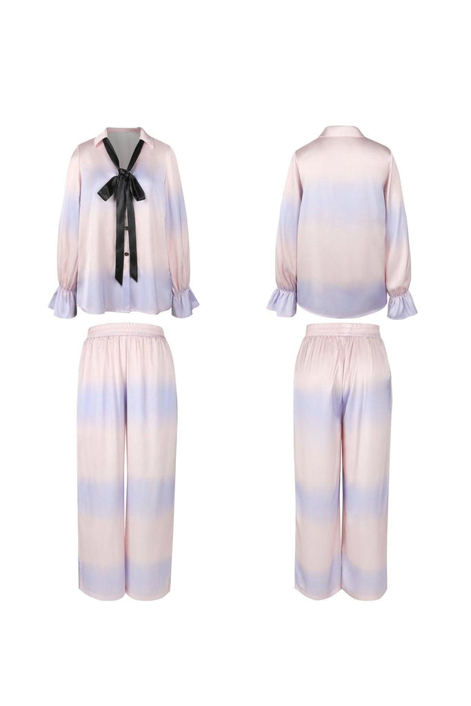 Z Gradient Tie-Dye V-Neck Loungewear Set with Bow Tie | Musebree - Musebree