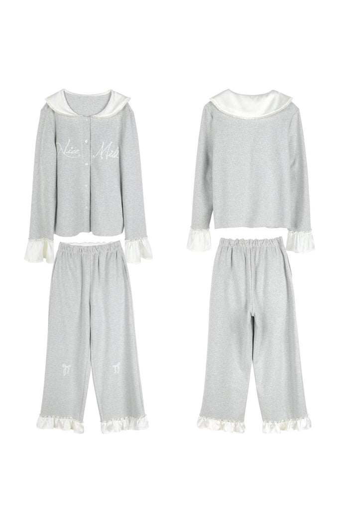 A Korean Girl Style Cotton Pajama Set With Padded Cups Cute Embroidery and Ruffle Design | Musebree - Musebree