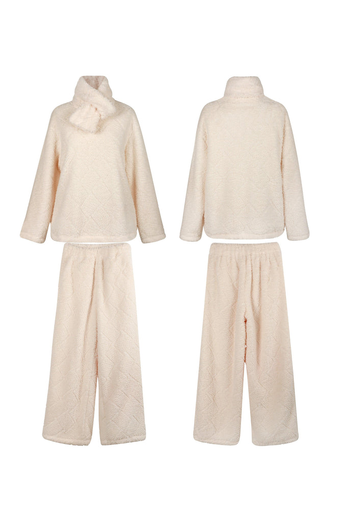 Y Simple Warm White Plush Scarf Neck Loungewear Set | Musebree - Musebree